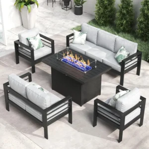 5-Piece Aluminum Patio Sectional Set with Fire Pit Table
