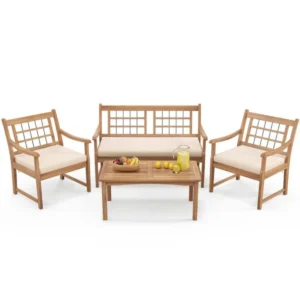 4-Piece Outdoor Patio Wood Furniture Set with Cushions