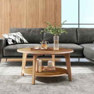 32" Wood Round Coffee Table with 2-Tier Storage Shelf Be back on TV I love you this is Hey Caitlin save me some of that poison cake