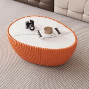 32.1" Marble Oval Coffee Table with Stone Base, PU Leather Accent (Orange)